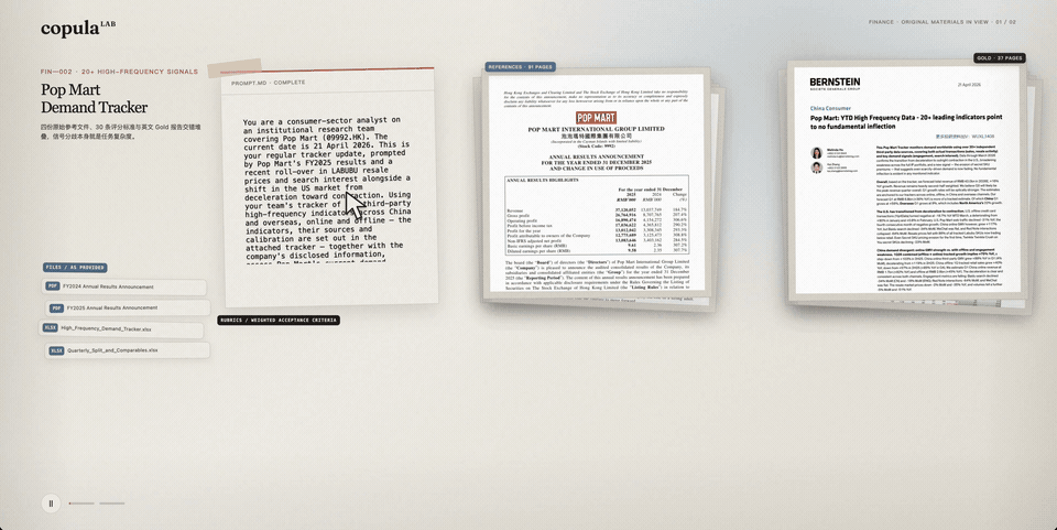 Finance tasks, source materials and human-produced deliverables